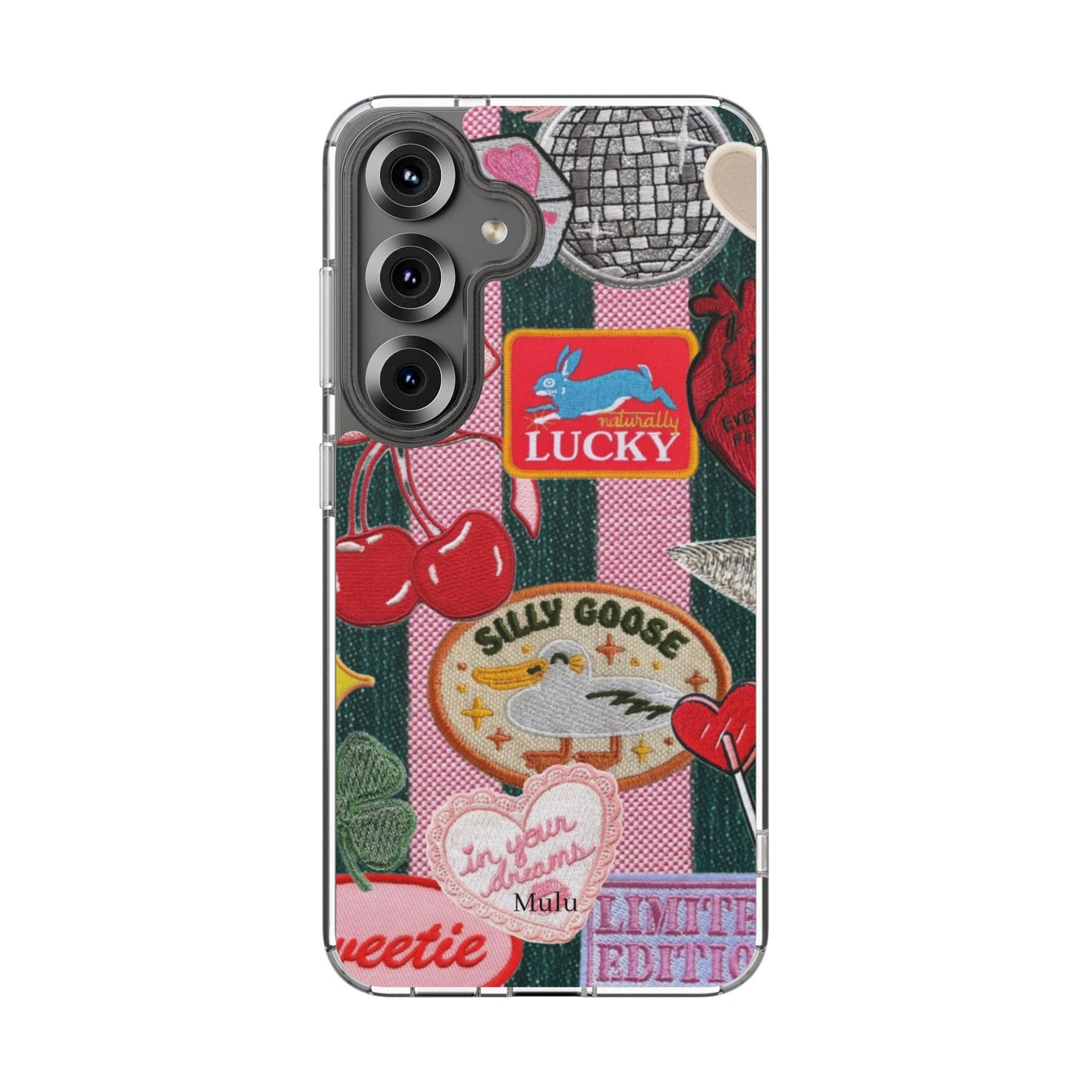 Clear Impact-Resistant Phone Case — Retro Patchwork Stickers (Lucky, Cherries, Silly Goose)