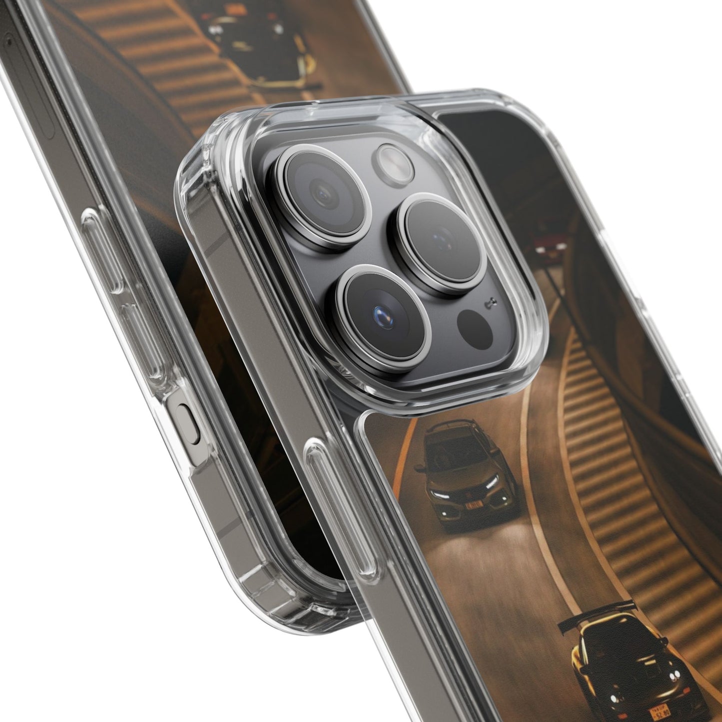 Racing Night Clear Phone Case – Sports Cars on Curved Highway