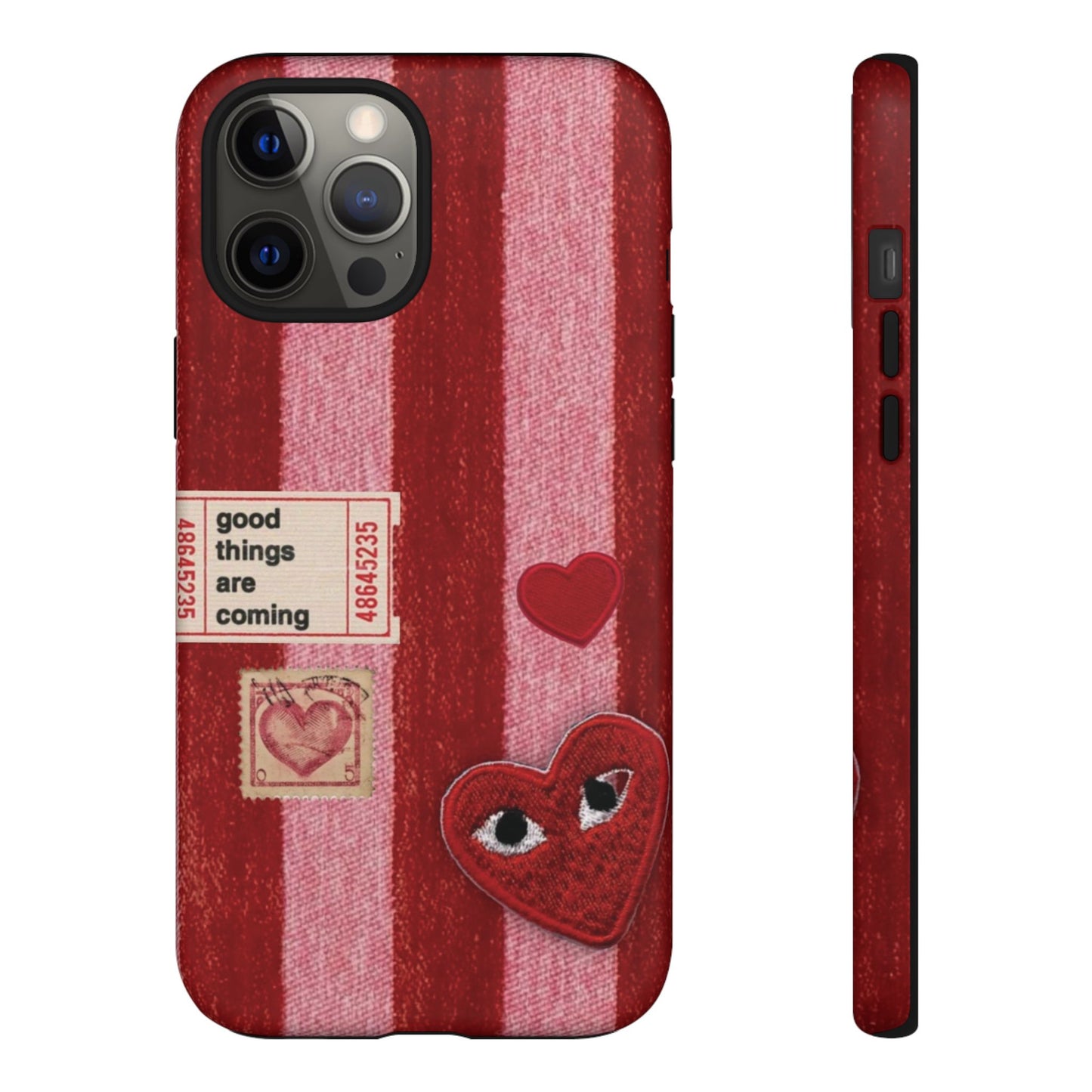 Phone Case — Red Striped Heart Design with “Good Things Are Coming”