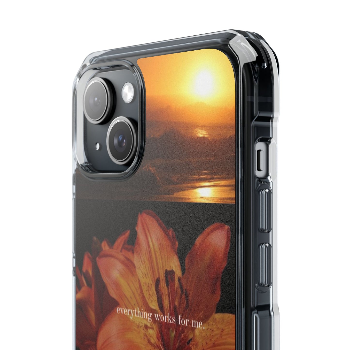 Clear Magnetic Phone Case — Sunset Lily Design ("anything waits for you")