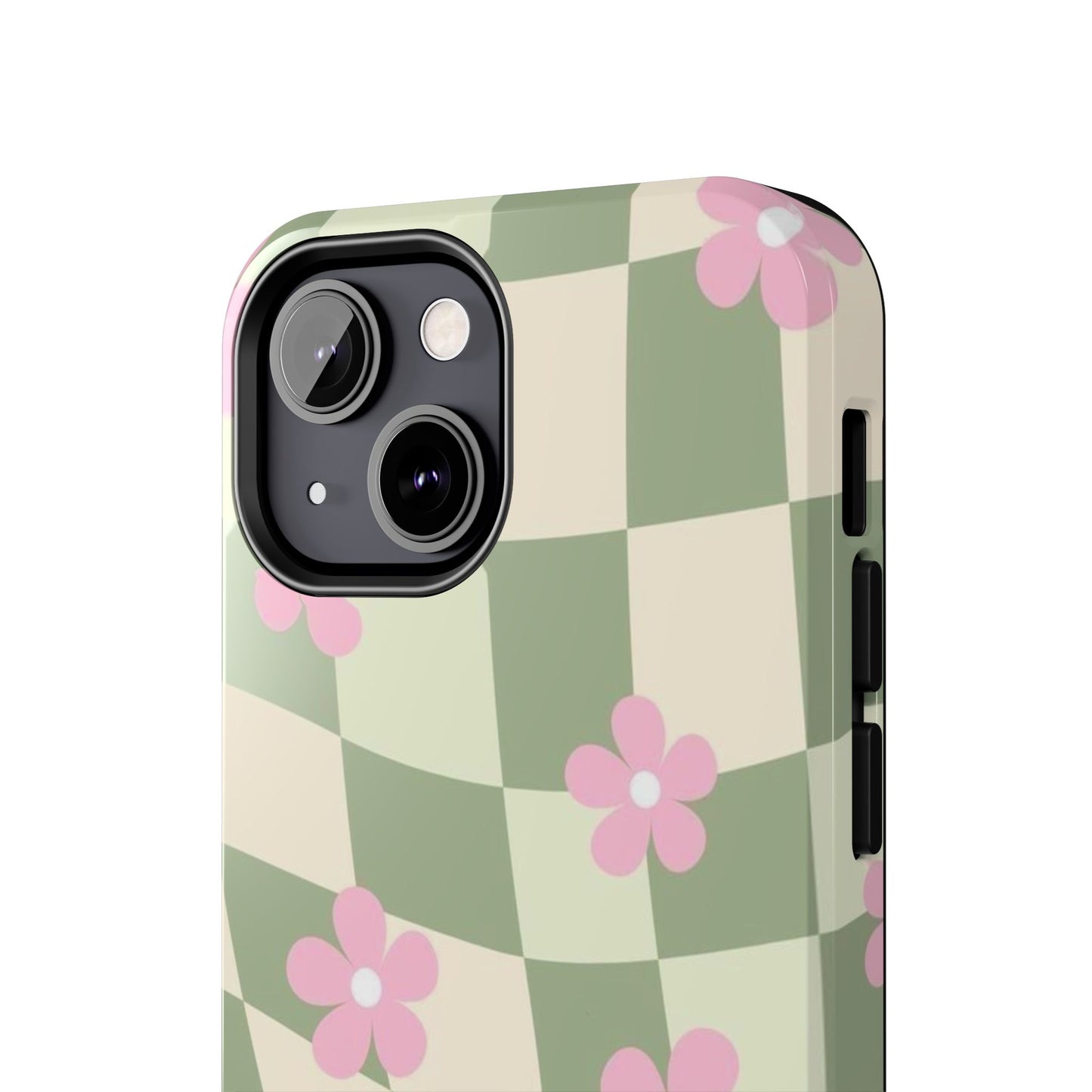 Tough Phone Case — Retro Green Checkerboard with Pink Flowers