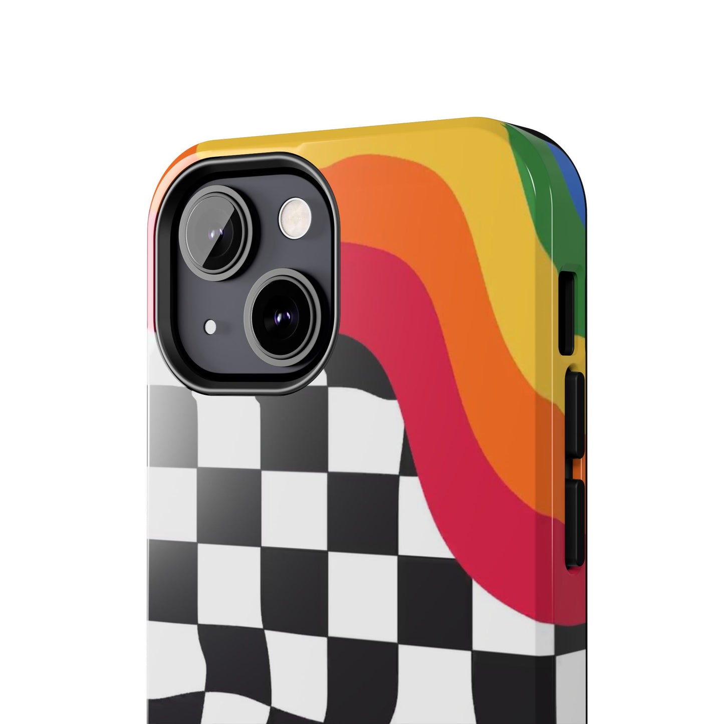 Retro Wavy Checkerboard Tough Phone Case — Rainbow Surf Skate Design