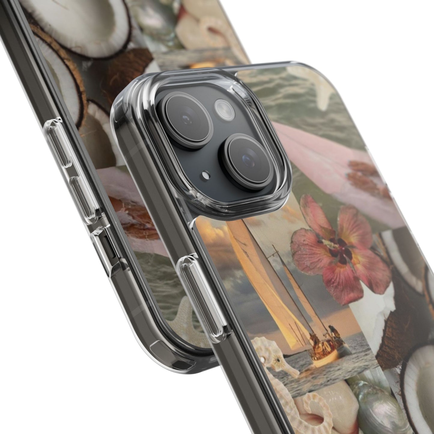 Clear Phone Case — Coastal Collage Shells & Surf Design