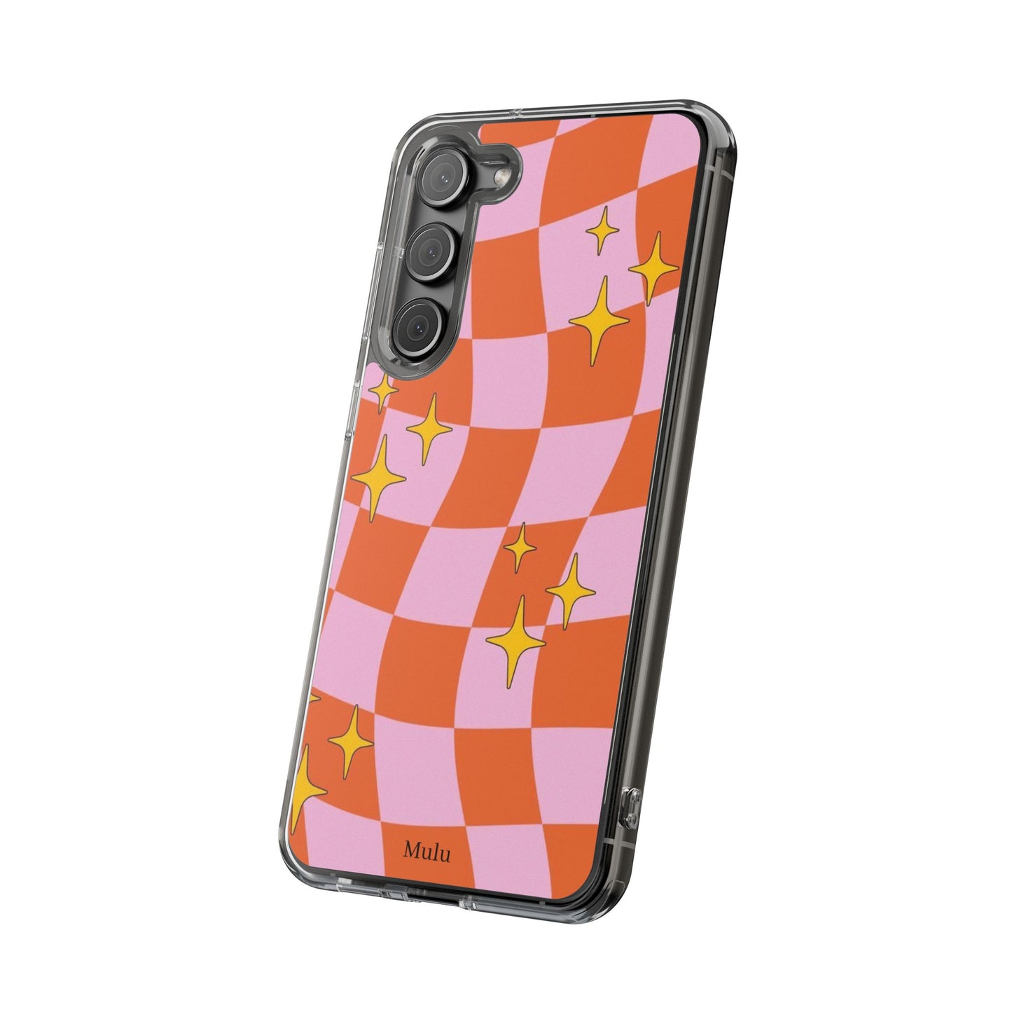 Clear Impact-Resistant Case — Retro Pink & Orange Checker with Sparkle Stars