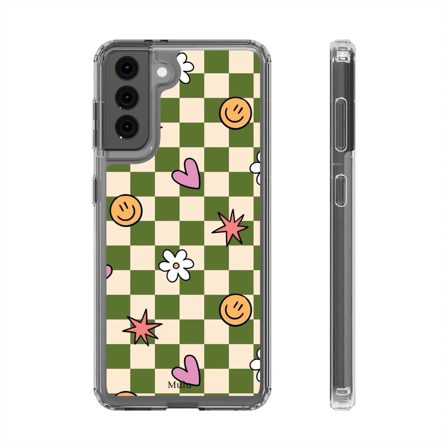 Clear Impact-Resistant Case — Retro Green Checkerboard with Smiley, Hearts & Flowers