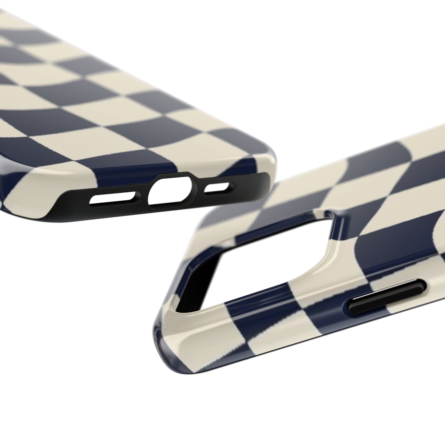 Wavy Checkerboard Tough Phone Case — Navy & Cream Protective Cover