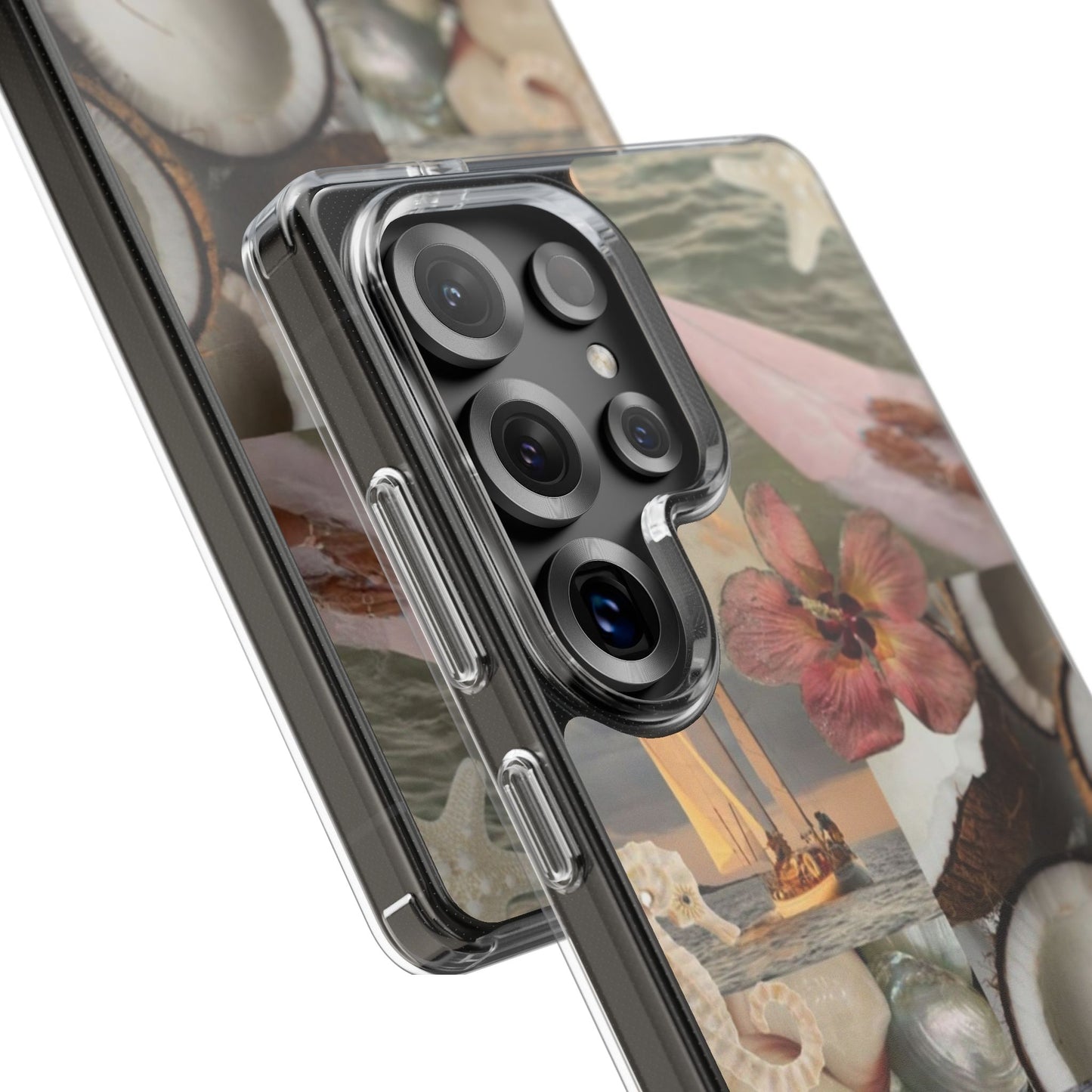 Clear Phone Case — Coastal Collage Shells & Surf Design
