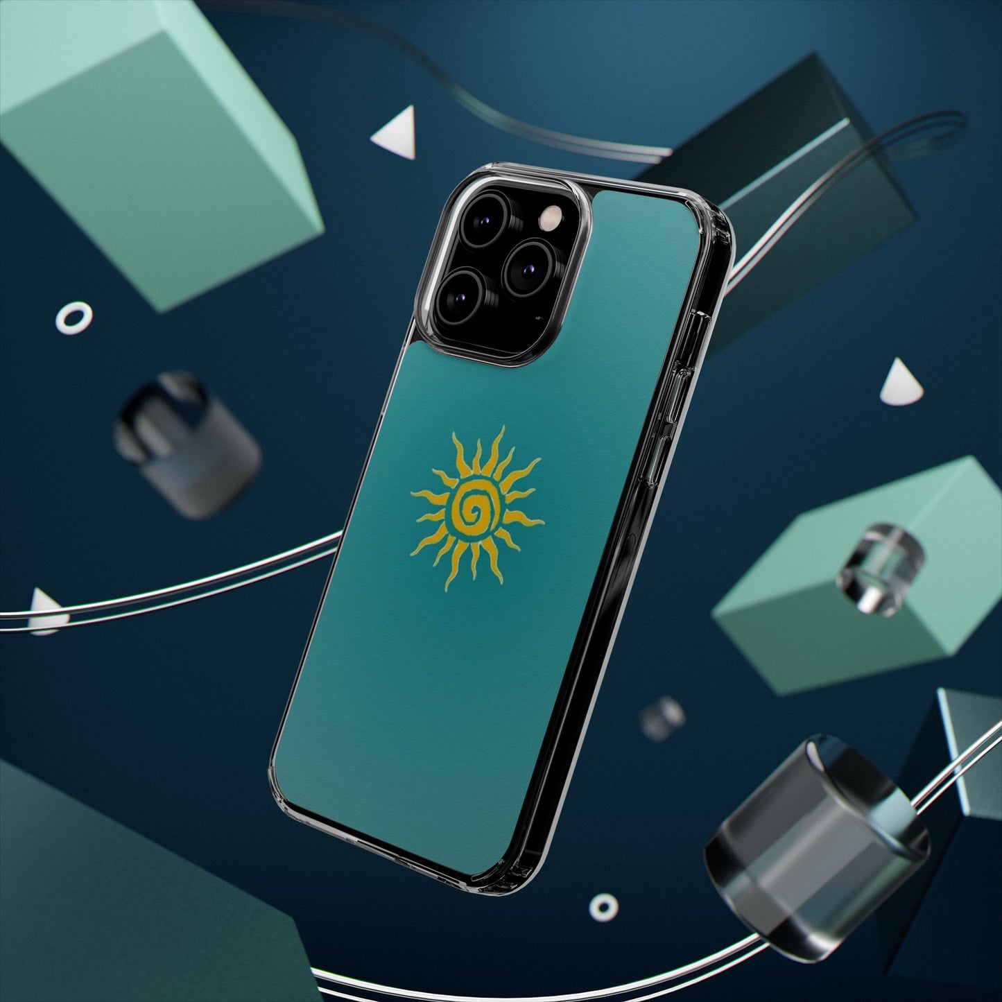 Clear Impact-Resistant Phone Case — Yellow Sun on Teal Gradient