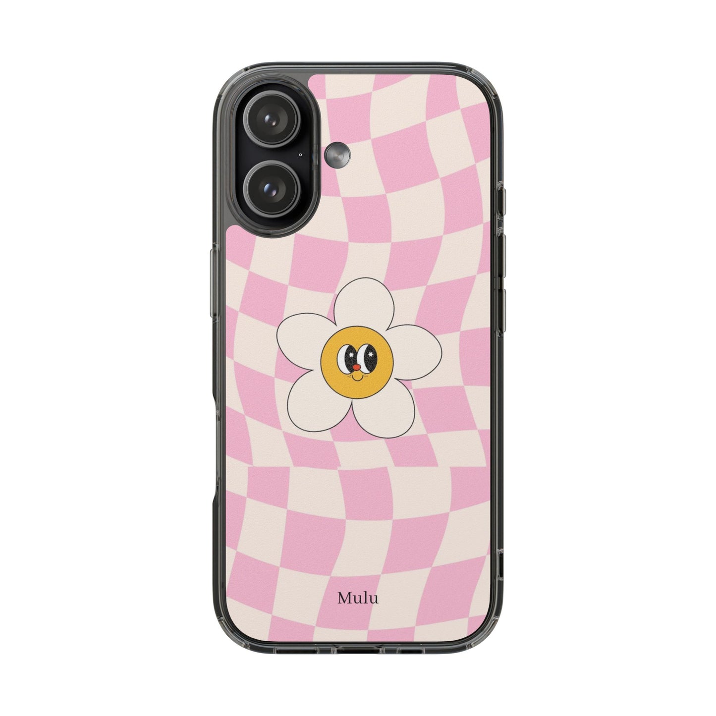Clear Impact-Resistant Phone Case — Pink Checkerboard Daisy Design