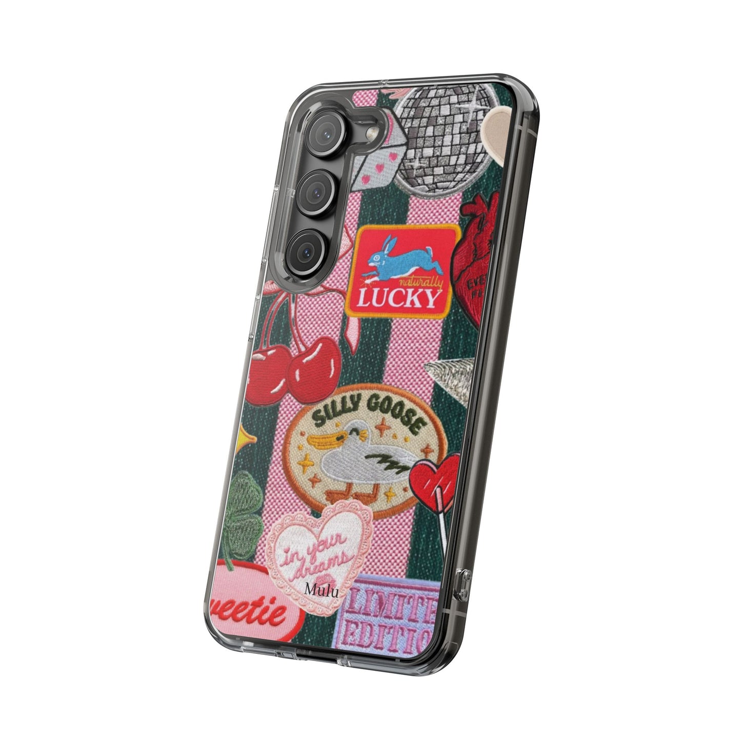 Clear Impact-Resistant Phone Case — Retro Patchwork Stickers (Lucky, Cherries, Silly Goose)