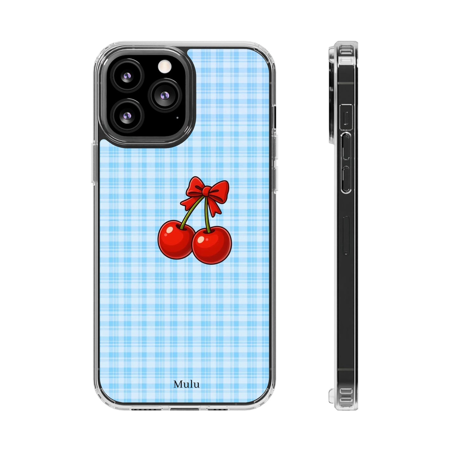 Clear Cherry Gingham Phone Case — Impact-Resistant Clear Case with Red Cherry Design