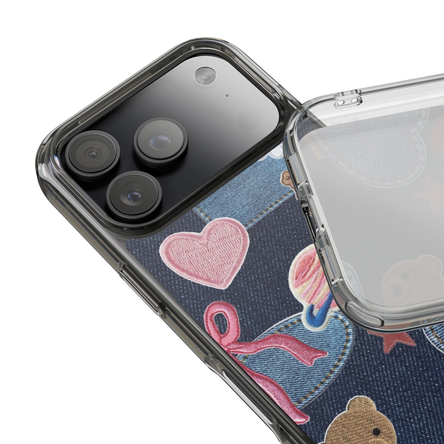 Clear Impact-Resistant Phone Case — Cute Denim Patch Collage (Teddy, Strawberry, Planet)