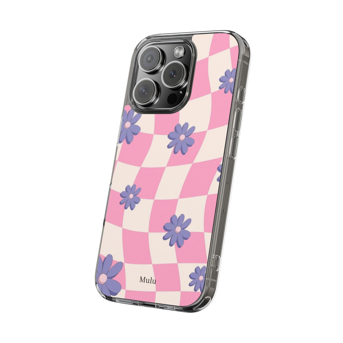Clear Impact Phone Case — Pink Checkerboard with Purple Flowers