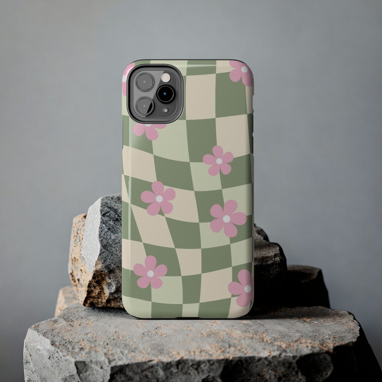Tough Phone Case — Retro Green Checkerboard with Pink Flowers