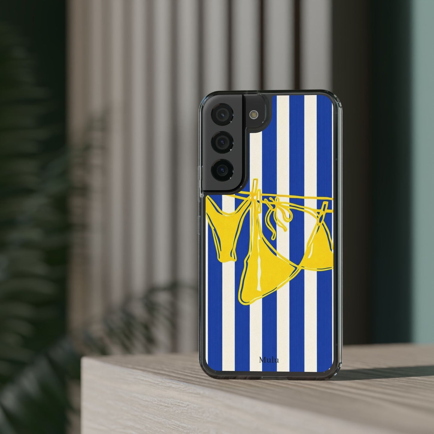 Striped Beach Bikini Phone Case — Yellow Swimwear on Blue & White Stripes, Clear Impact-Resistant