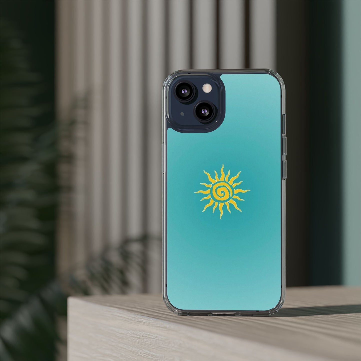 Clear Impact-Resistant Phone Case — Yellow Sun on Teal Gradient