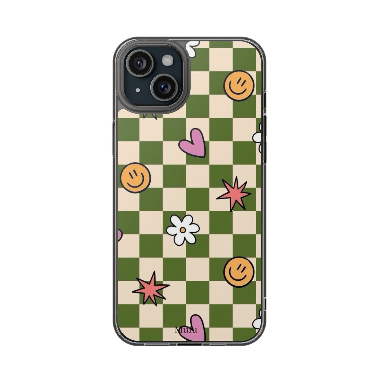 Clear Impact-Resistant Case — Retro Green Checkerboard with Smiley, Hearts & Flowers