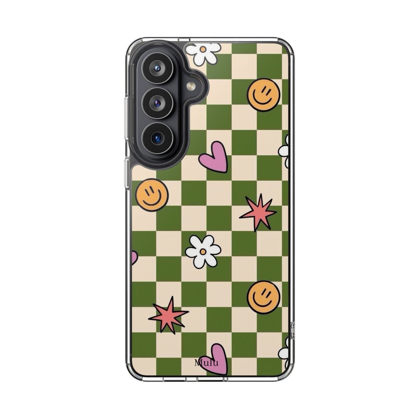 Clear Impact-Resistant Case — Retro Green Checkerboard with Smiley, Hearts & Flowers
