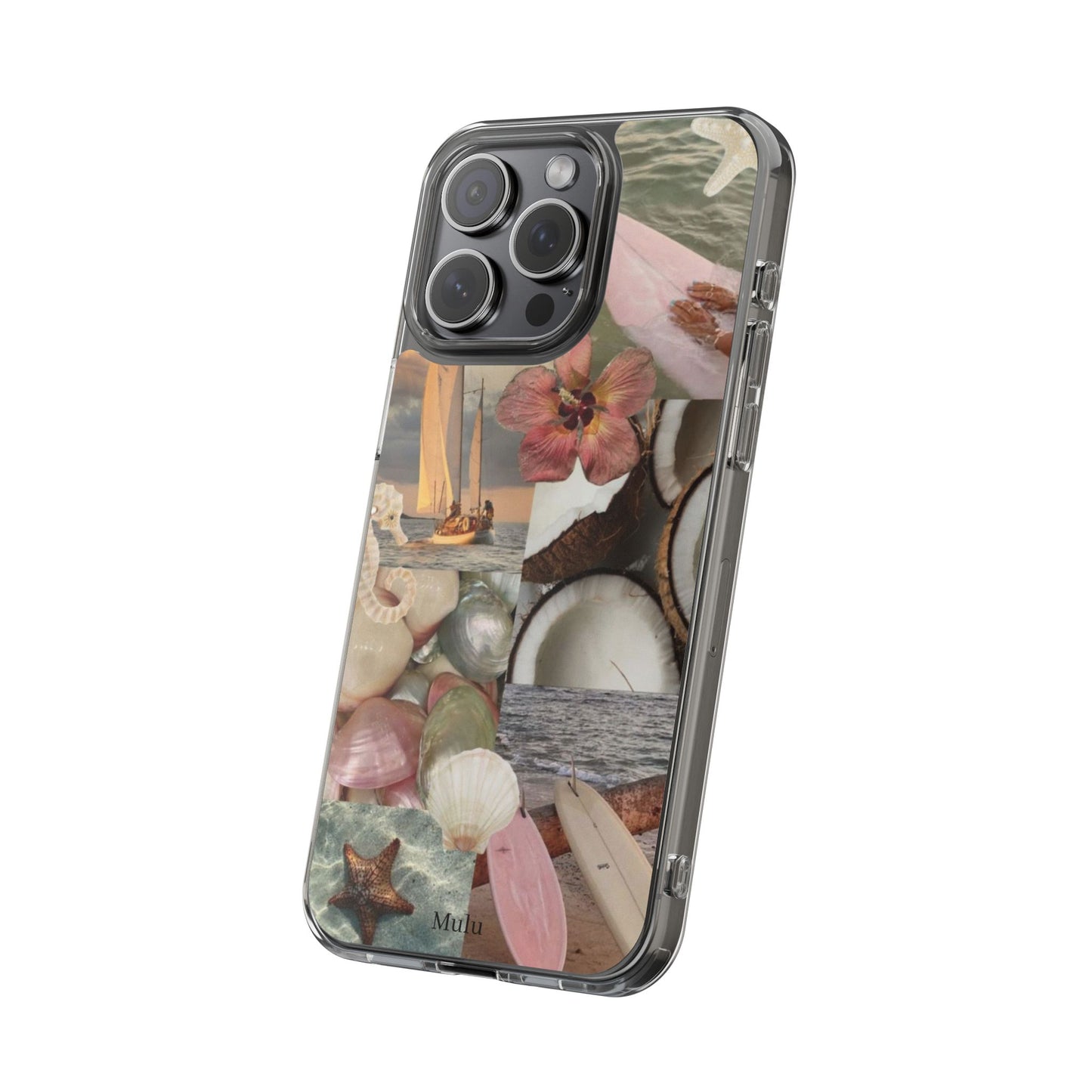 Clear Phone Case — Coastal Collage Shells & Surf Design
