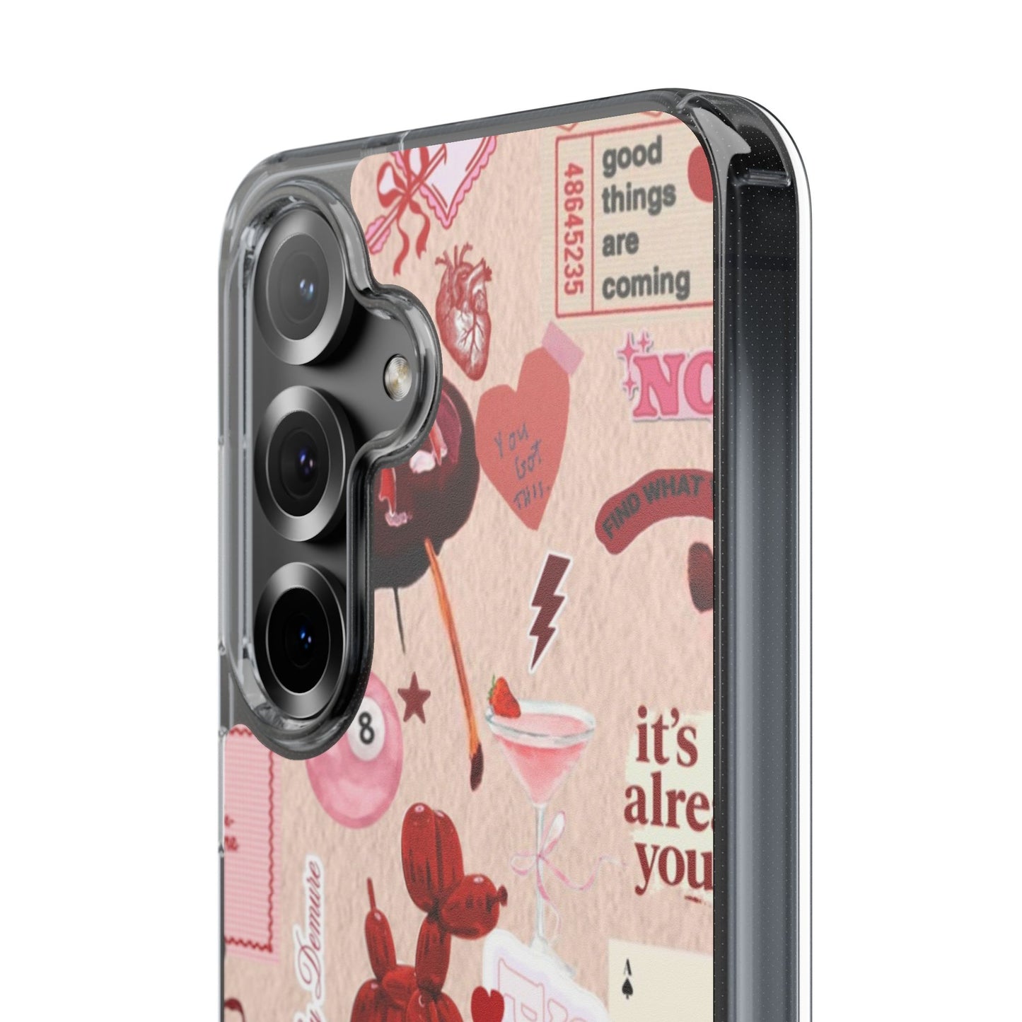 Clear Impact-Resistant Phone Case — Retro Cherry & Sticker Collage