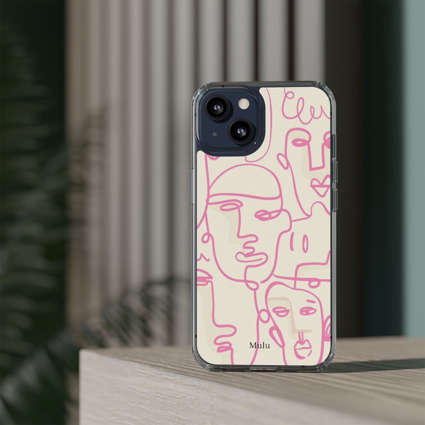 Clear Impact-Resistant Phone Case — Pink Minimalist Line Faces Design