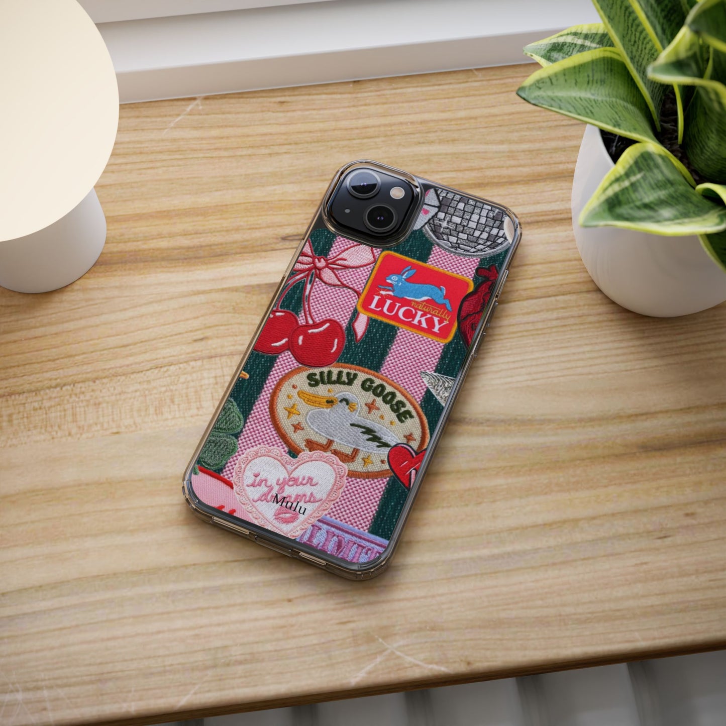 Clear Impact-Resistant Phone Case — Retro Patchwork Stickers (Lucky, Cherries, Silly Goose)