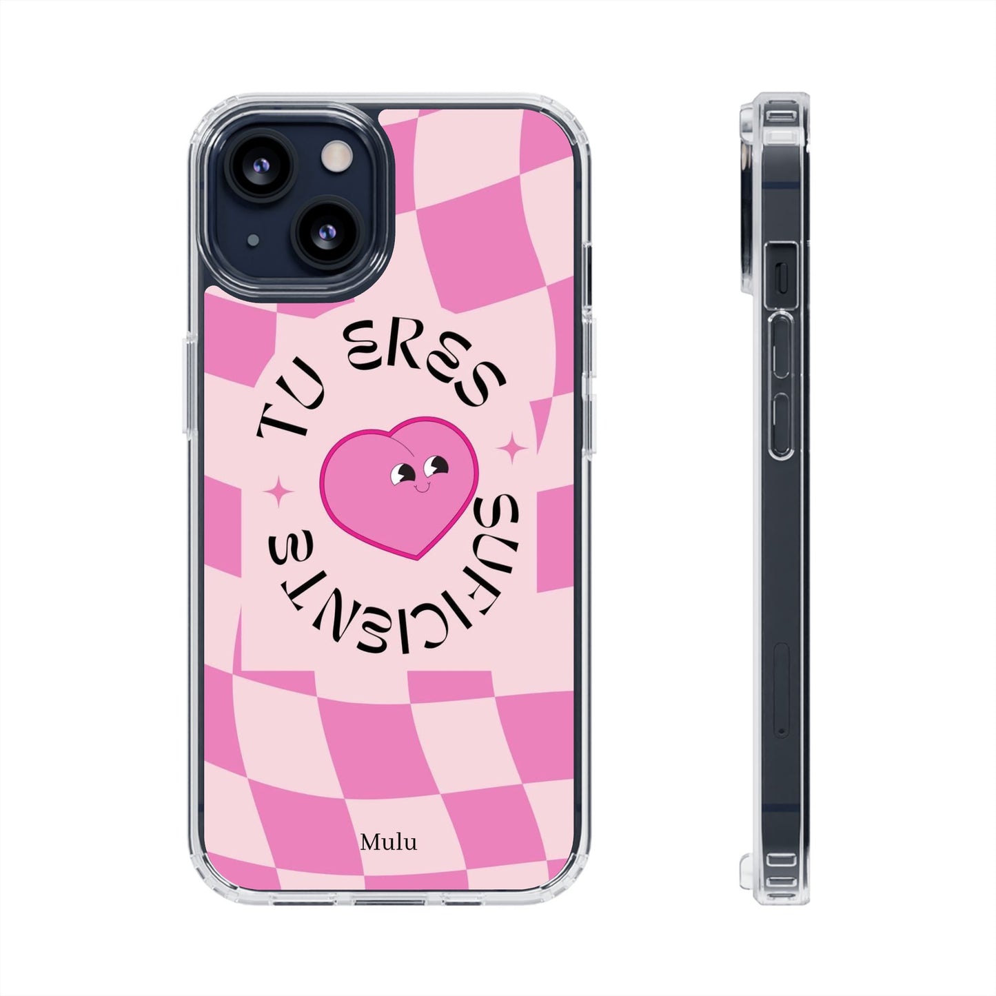 Clear Impact-Resistant Phone Case — Pink Checkerheart “Tu Eres Suficiente” Design