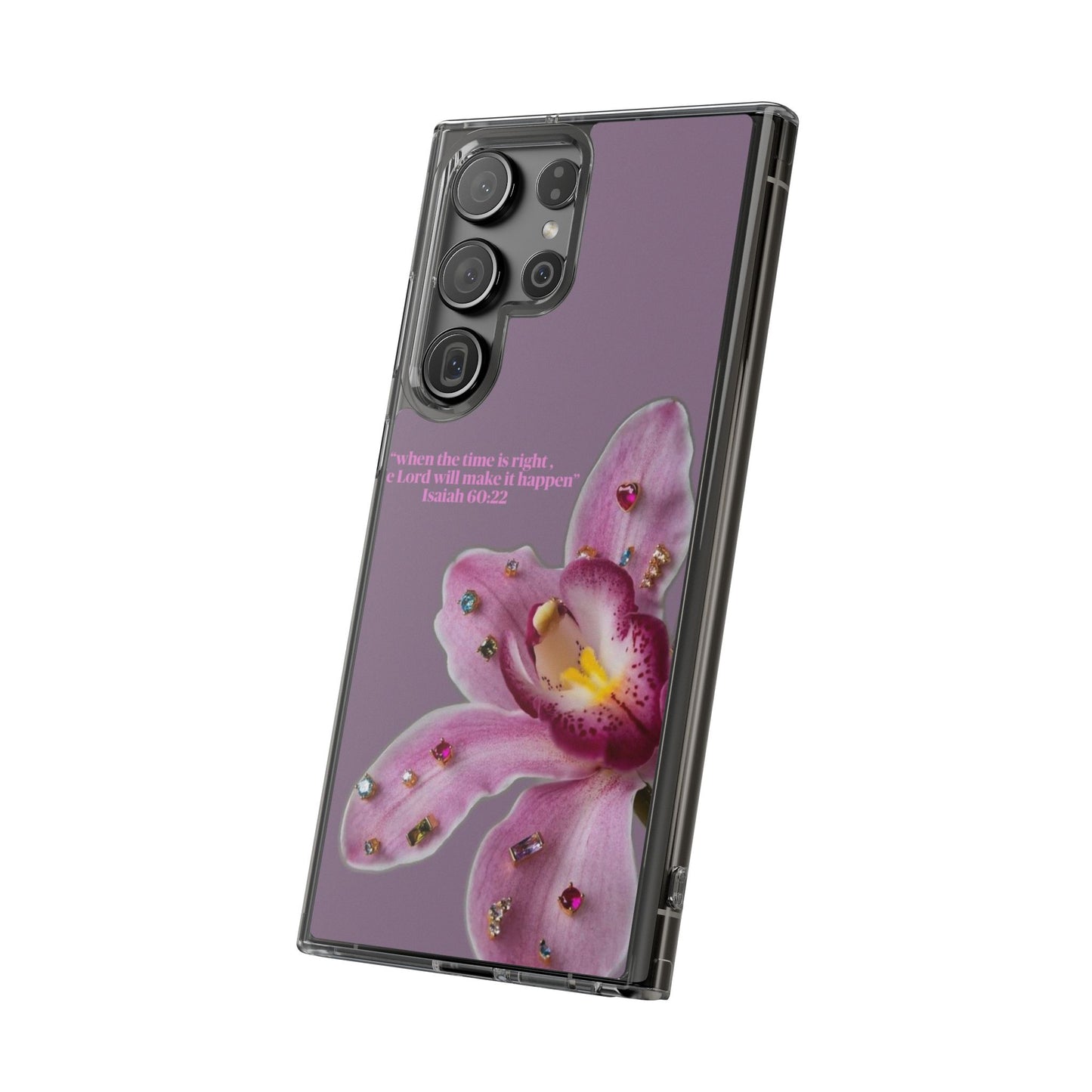 Clear Floral Impact-Resistant Phone Case — "When the time is right" Rose Orchid Design