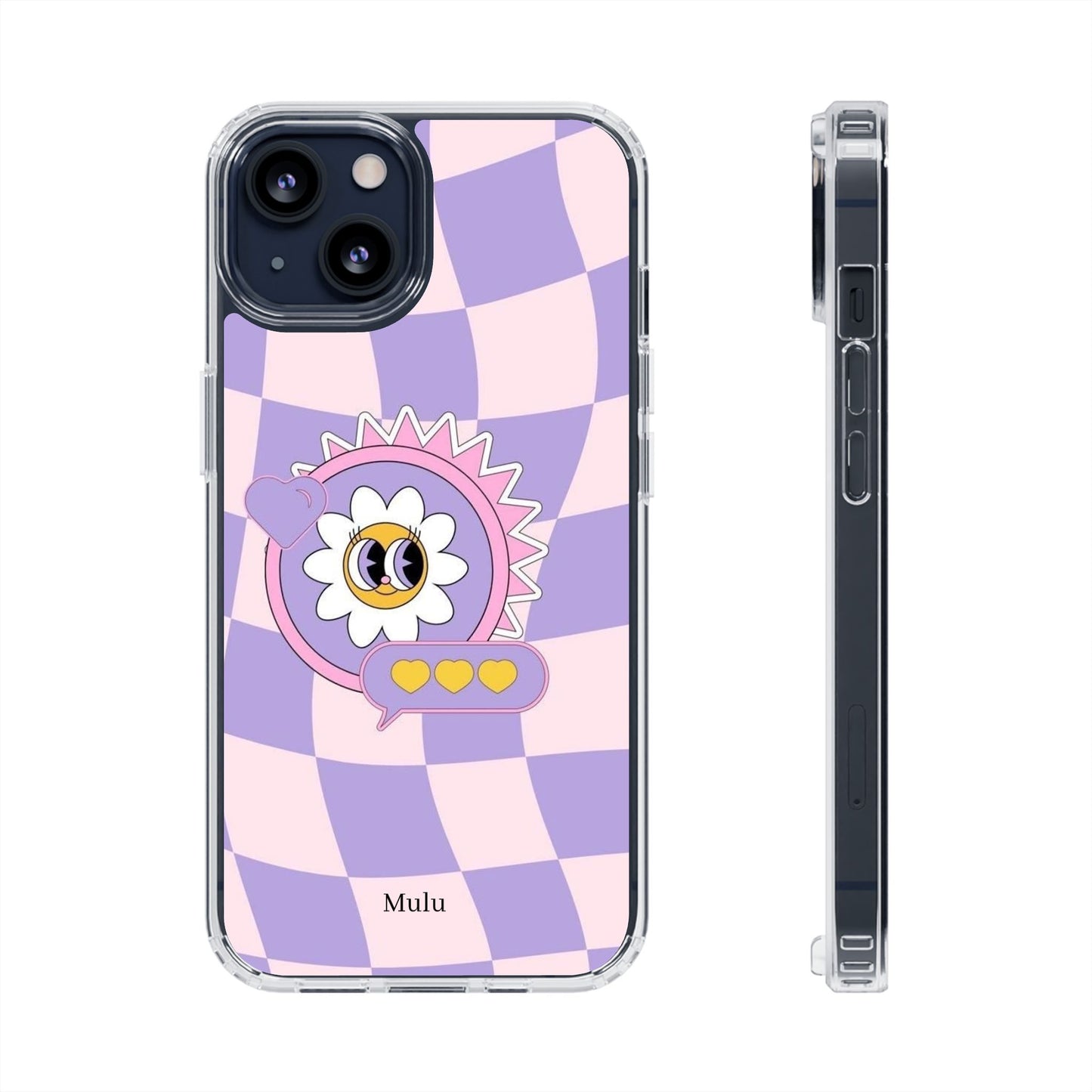Clear Impact-Resistant Case — Cute Purple Checkerboard Dino with 'Mulu'