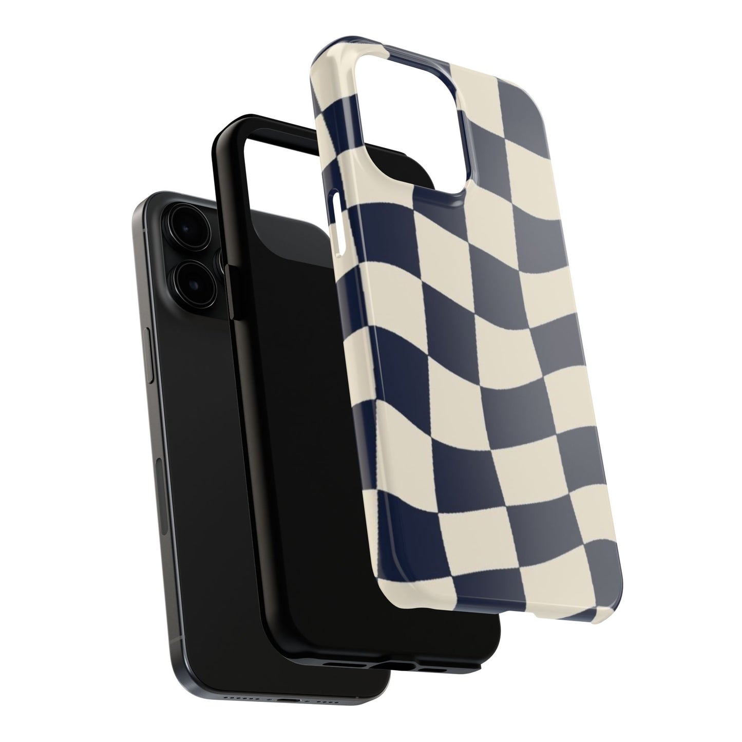 Wavy Checkerboard Tough Phone Case — Navy & Cream Protective Cover