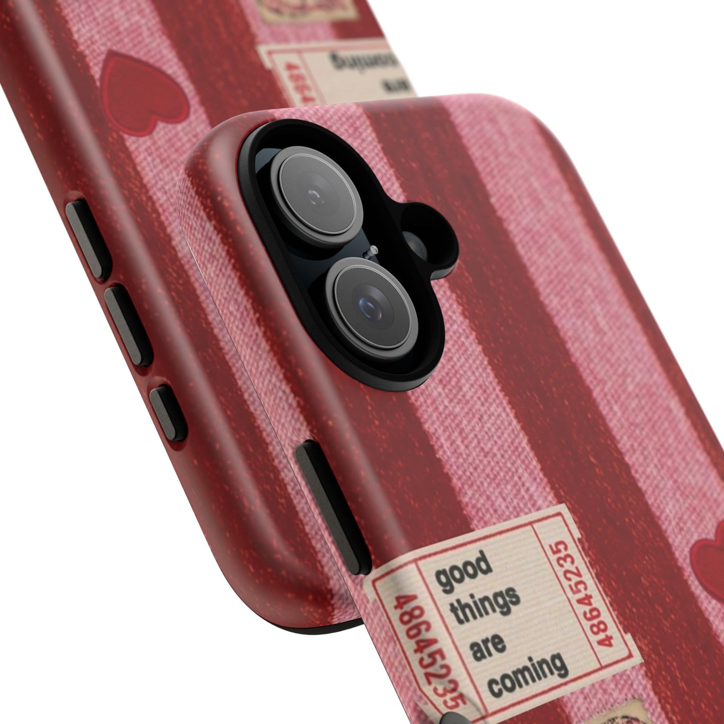 Phone Case — Red Striped Heart Design with “Good Things Are Coming”