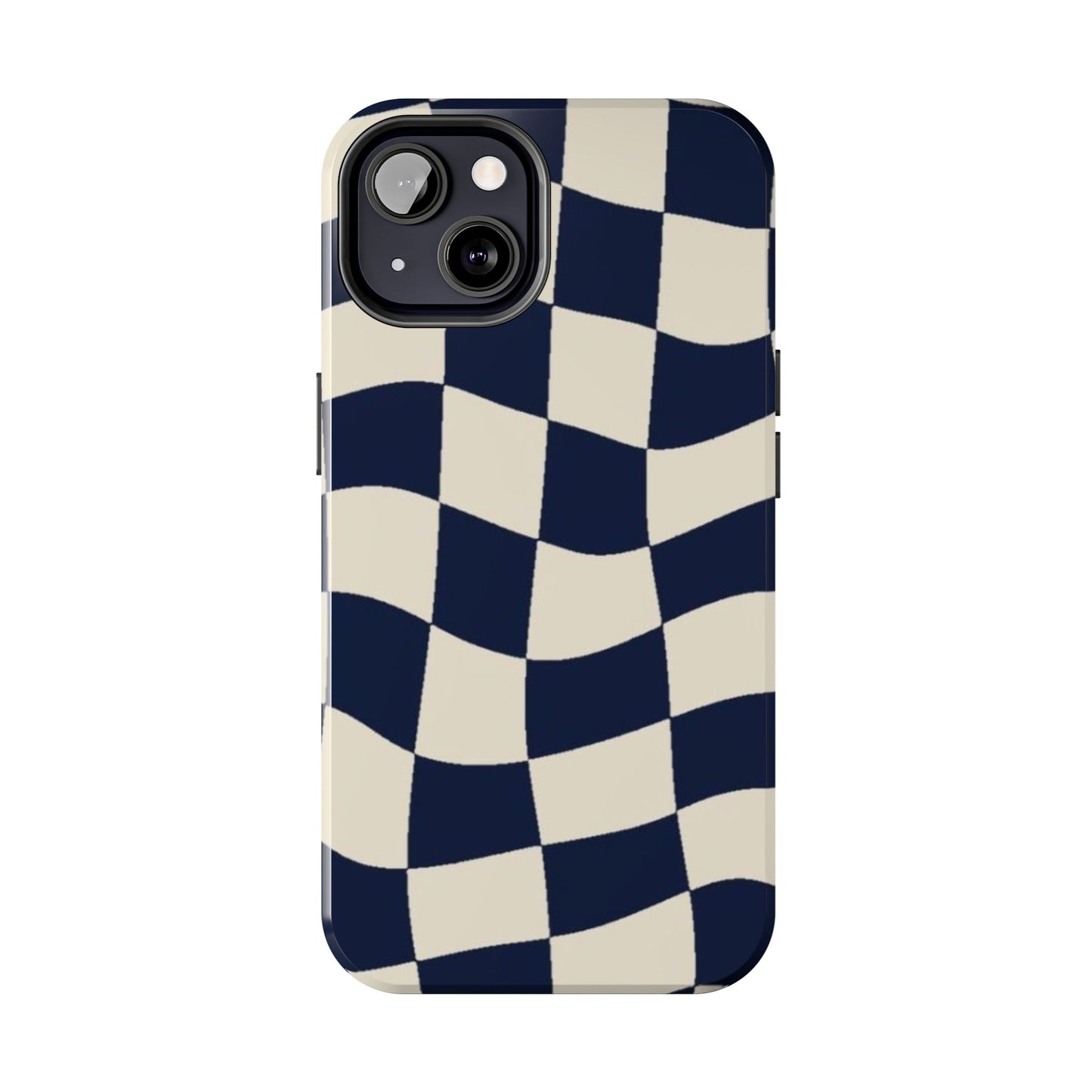 Wavy Checkerboard Tough Phone Case — Navy & Cream Protective Cover