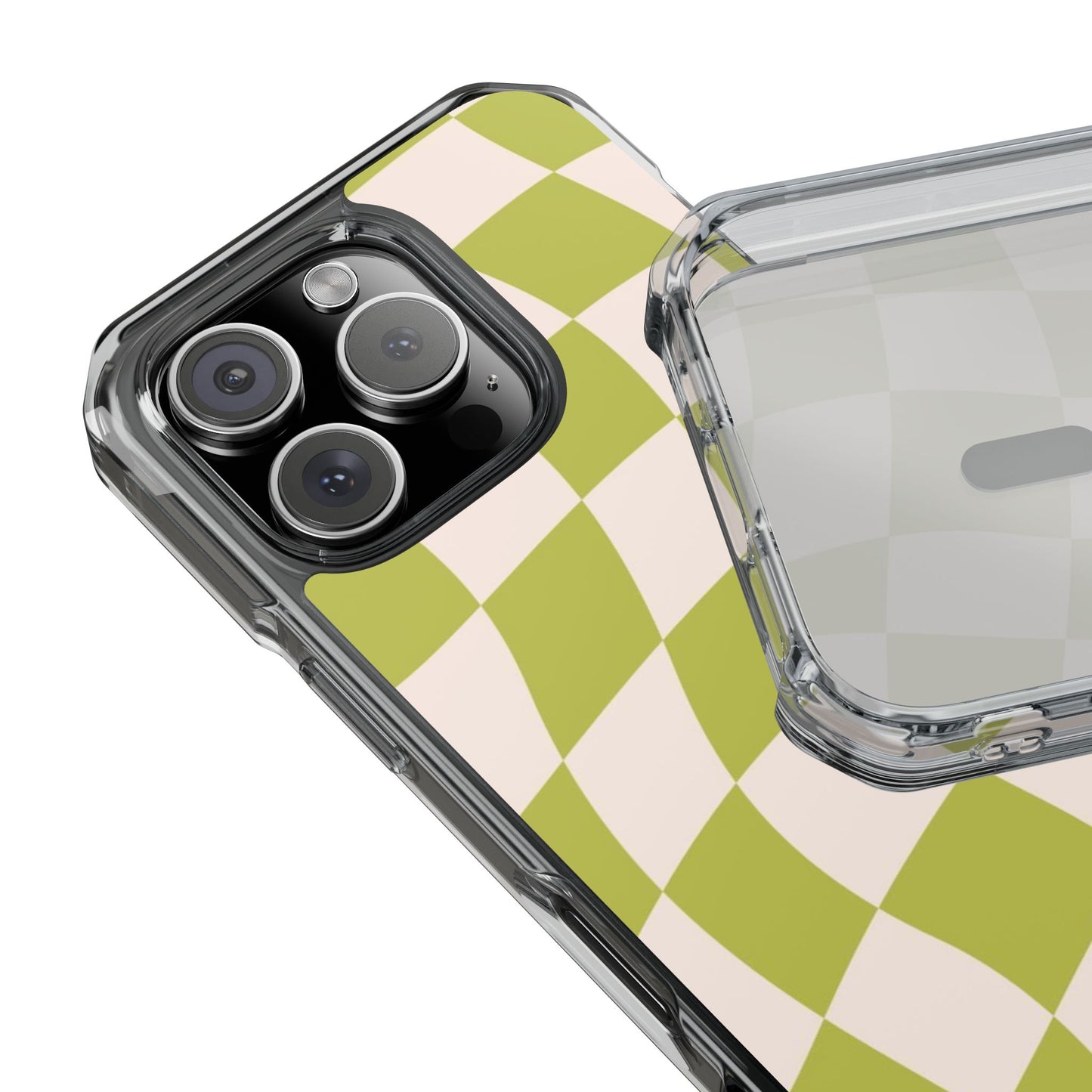 Clear Magnetic Phone Case — Olive Retro Check Pattern