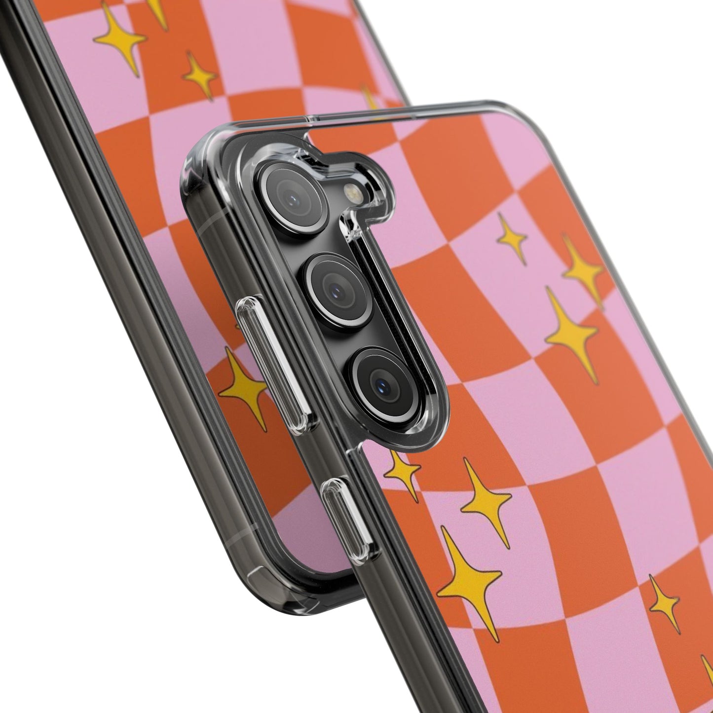 Clear Impact-Resistant Case — Retro Pink & Orange Checker with Sparkle Stars