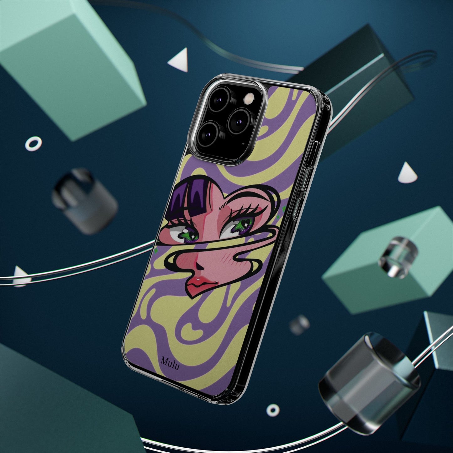 Clear Impact-Resistant Case — Retro Psychedelic Heart Face Design