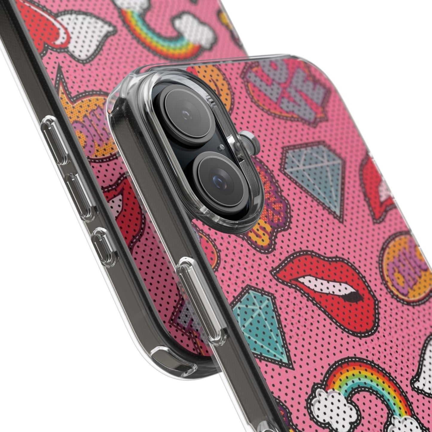 Clear Impact-Resistant Phone Case — Pink Pop Sticker Pattern (Hearts, Rainbows, Smileys)