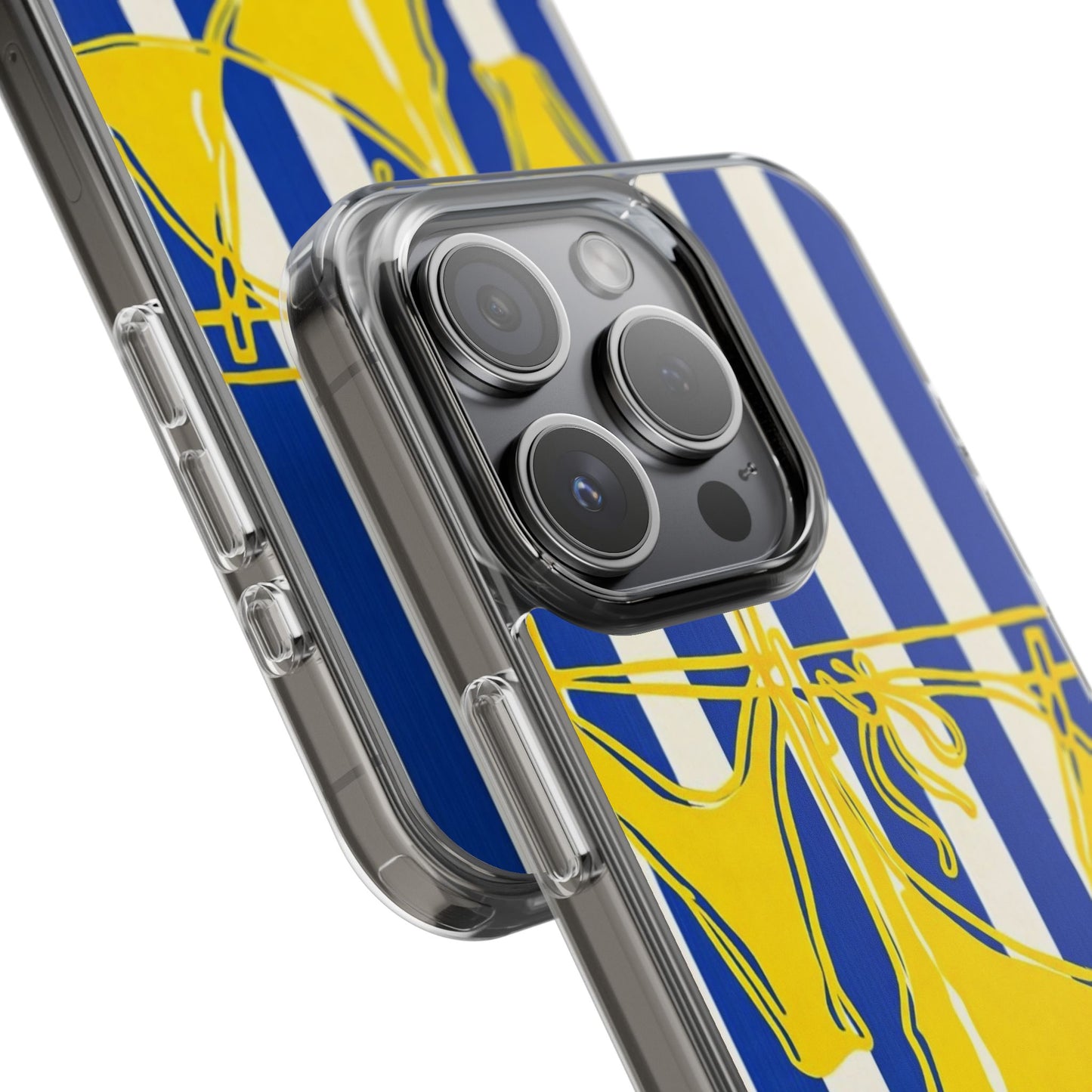 Striped Beach Bikini Phone Case — Yellow Swimwear on Blue & White Stripes, Clear Impact-Resistant