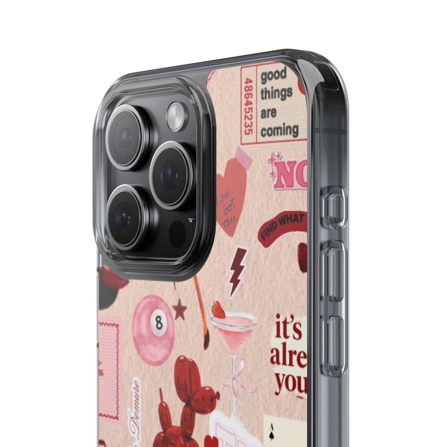 Clear Impact-Resistant Phone Case — Retro Cherry & Sticker Collage