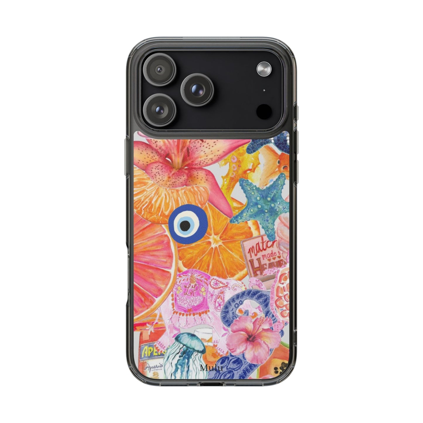 Clear Impact-Resistant Phone Case — Colorful Tropical Collage Design