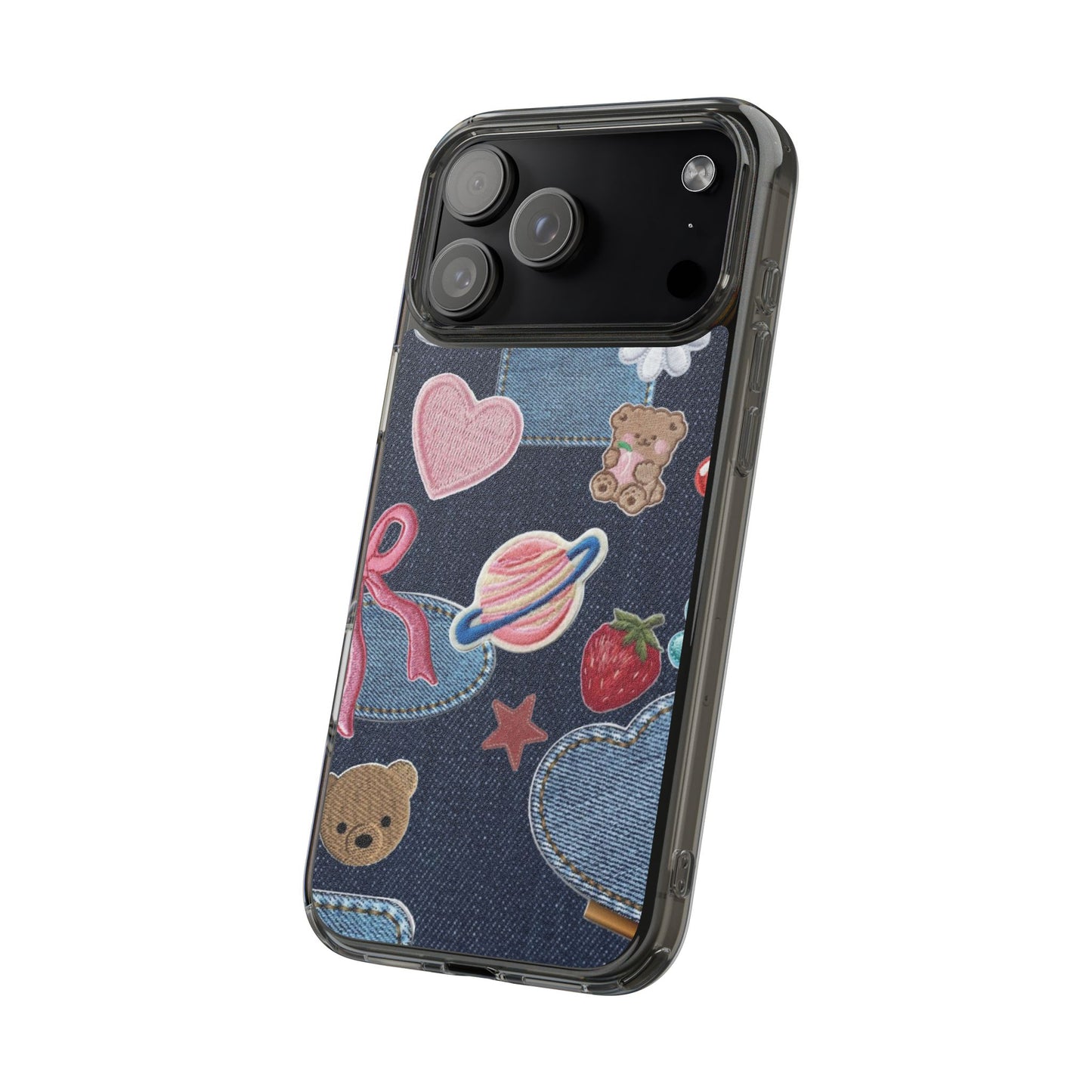 Clear Impact-Resistant Phone Case — Cute Denim Patch Collage (Teddy, Strawberry, Planet)