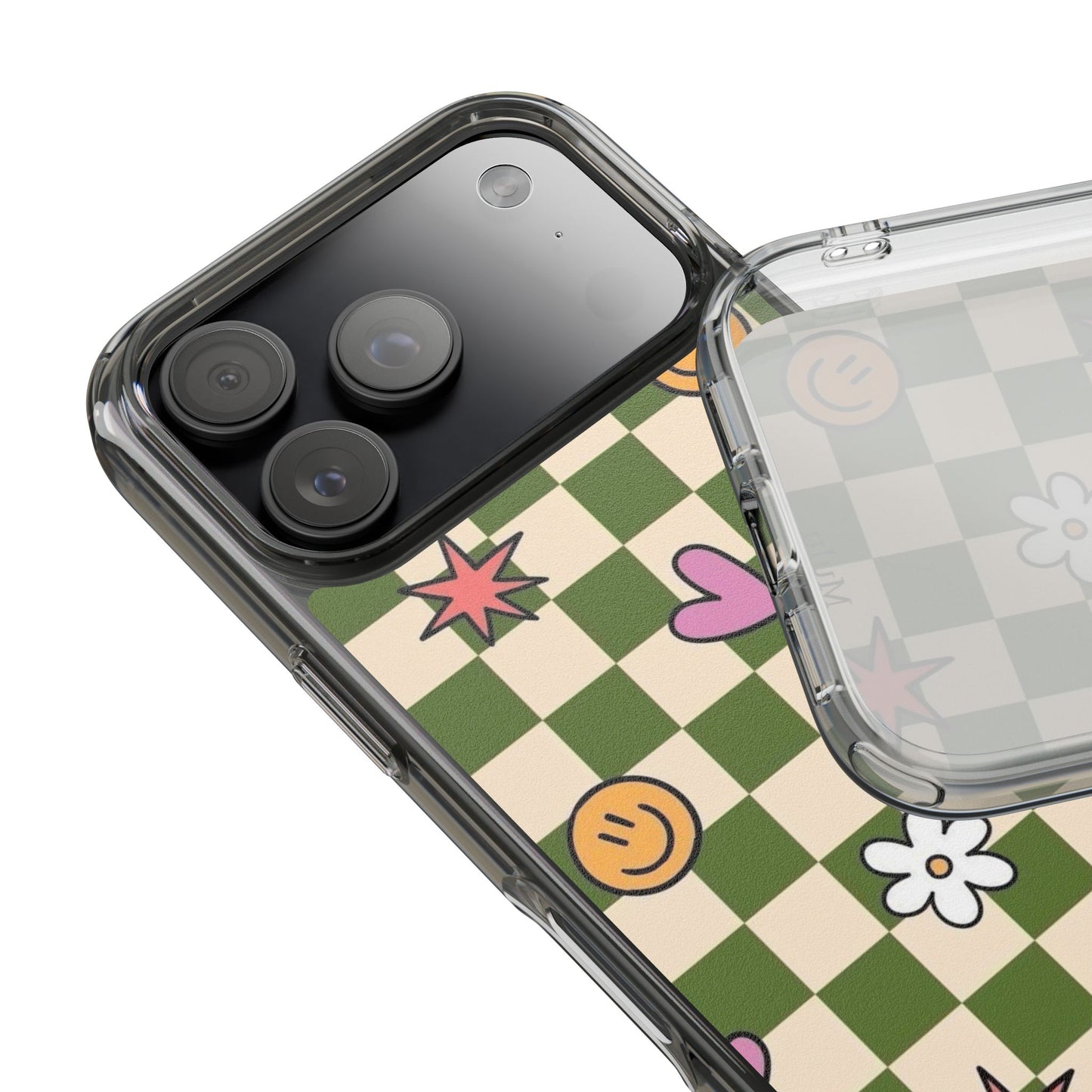 Clear Impact-Resistant Case — Retro Green Checkerboard with Smiley, Hearts & Flowers