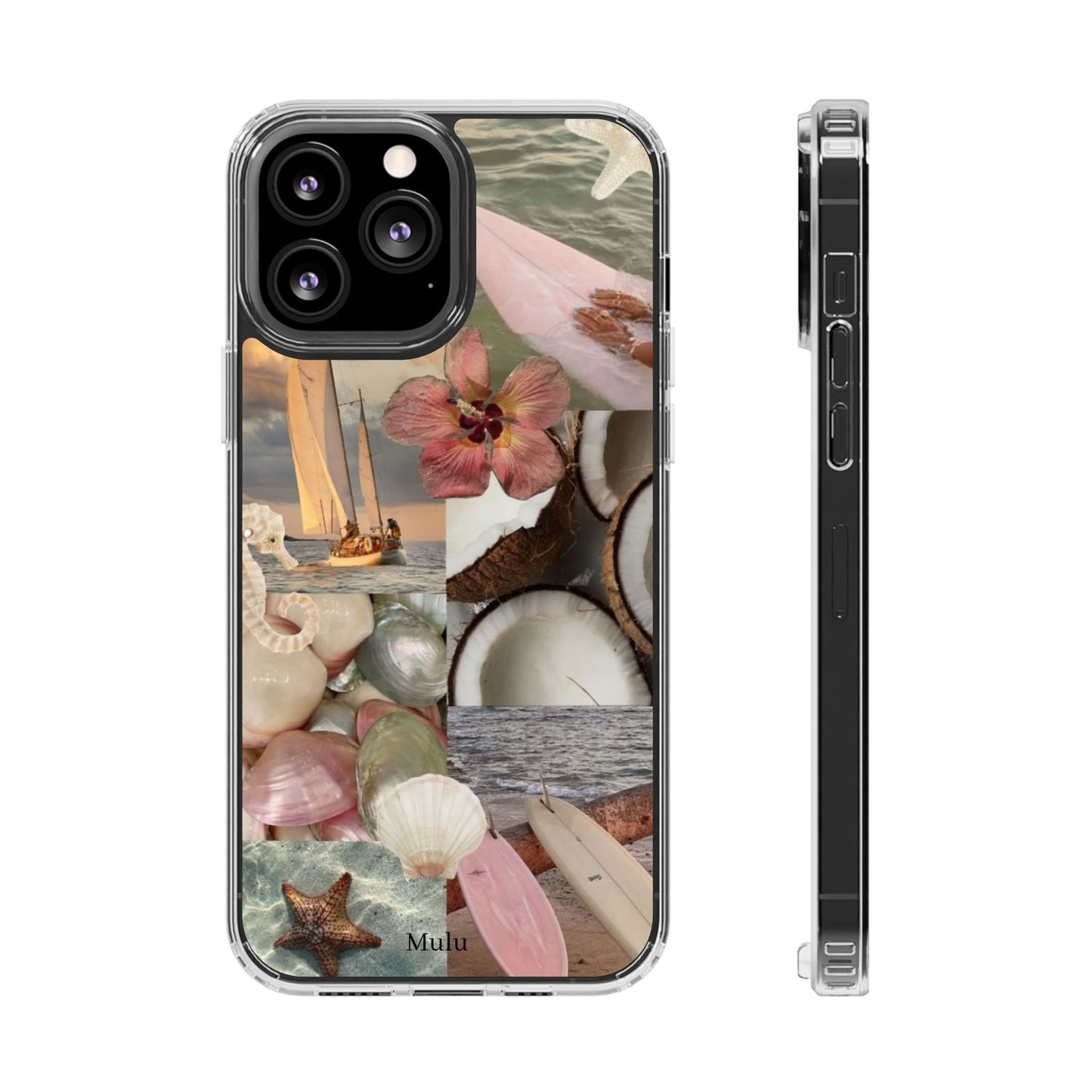 Clear Phone Case — Coastal Collage Shells & Surf Design