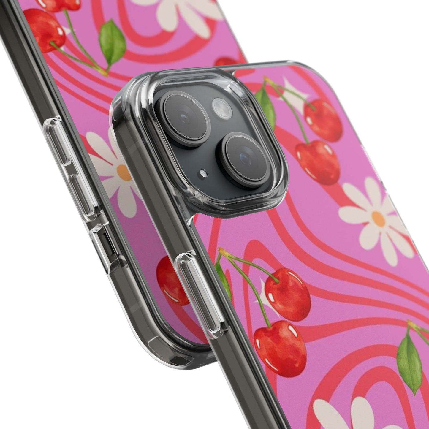 Clear Impact Phone Case — Retro Cherry & Daisy Floral Design