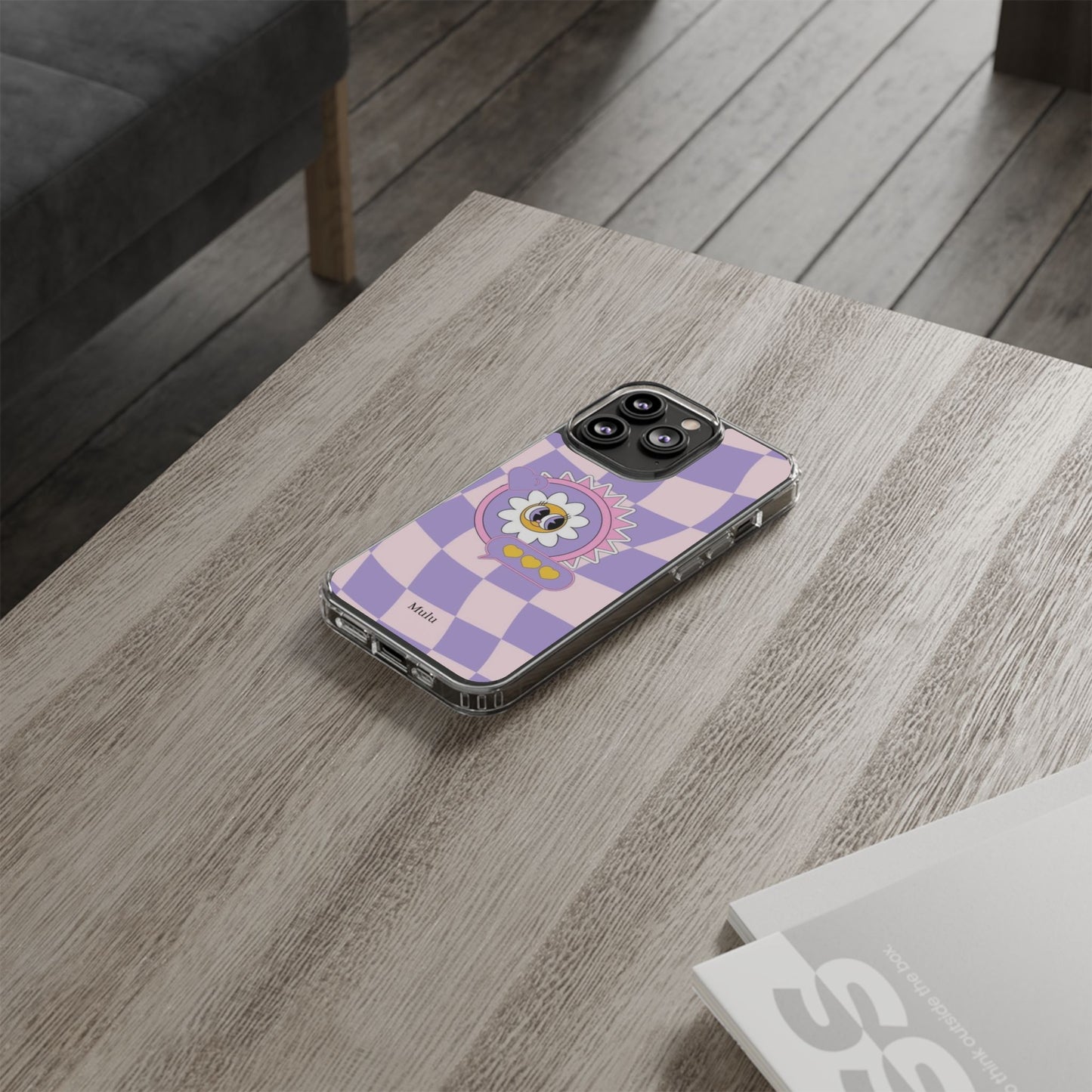 Clear Impact-Resistant Case — Cute Purple Checkerboard Dino with 'Mulu'