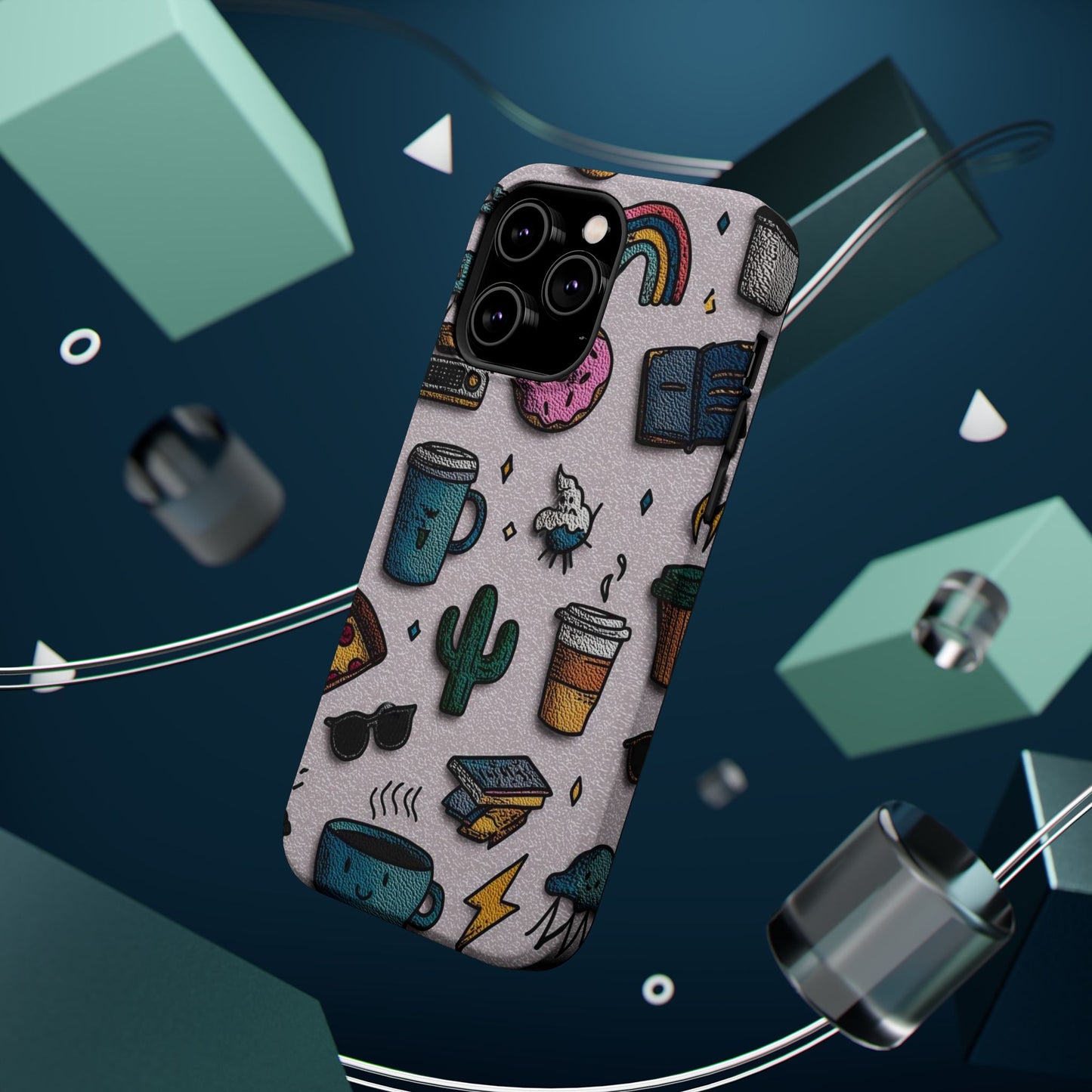 Cute Doodle Phone Case — Magnetic Impact-Resistant Design (coffee, rainbow, cactus)