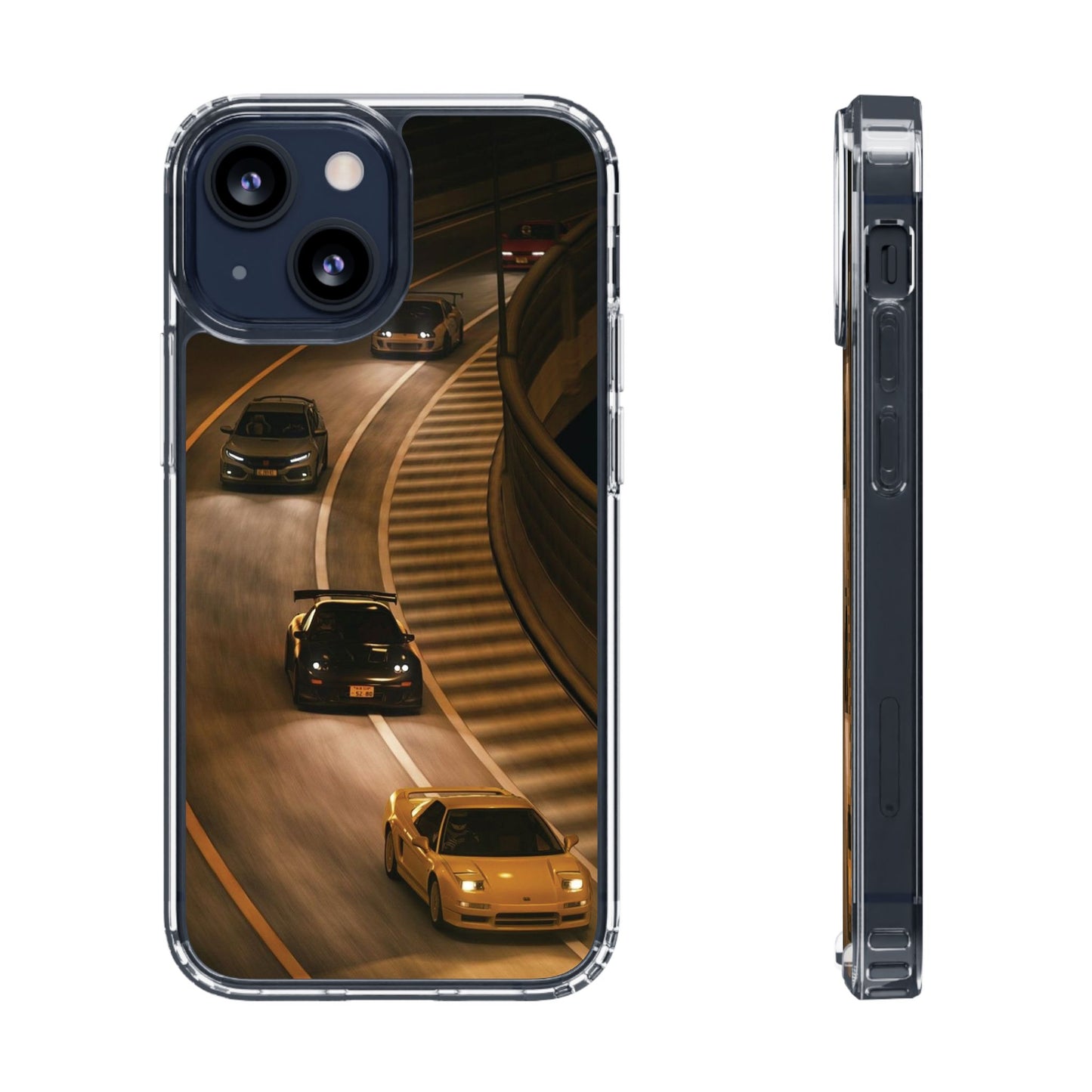 Racing Night Clear Phone Case – Sports Cars on Curved Highway