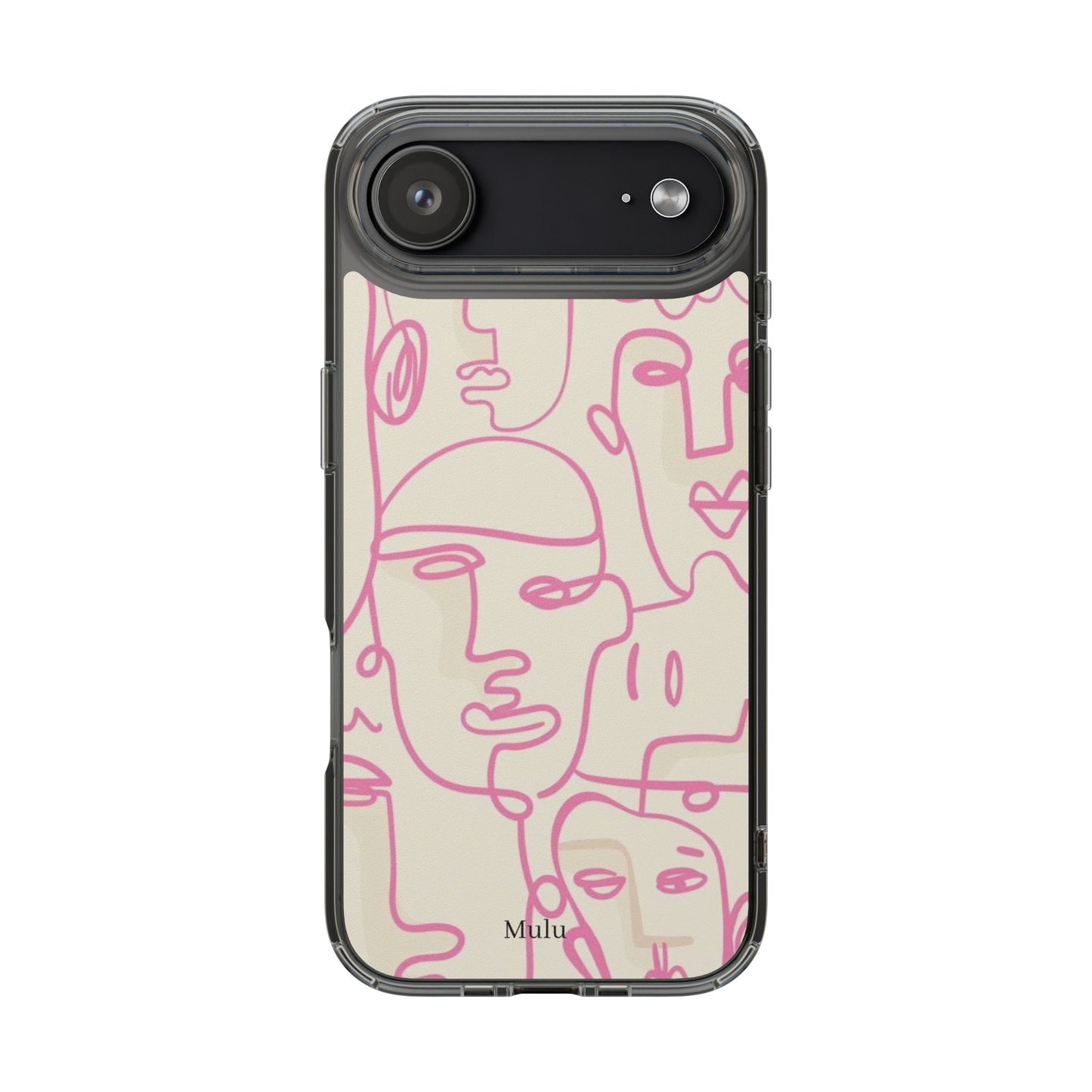 Clear Impact-Resistant Phone Case — Pink Minimalist Line Faces Design