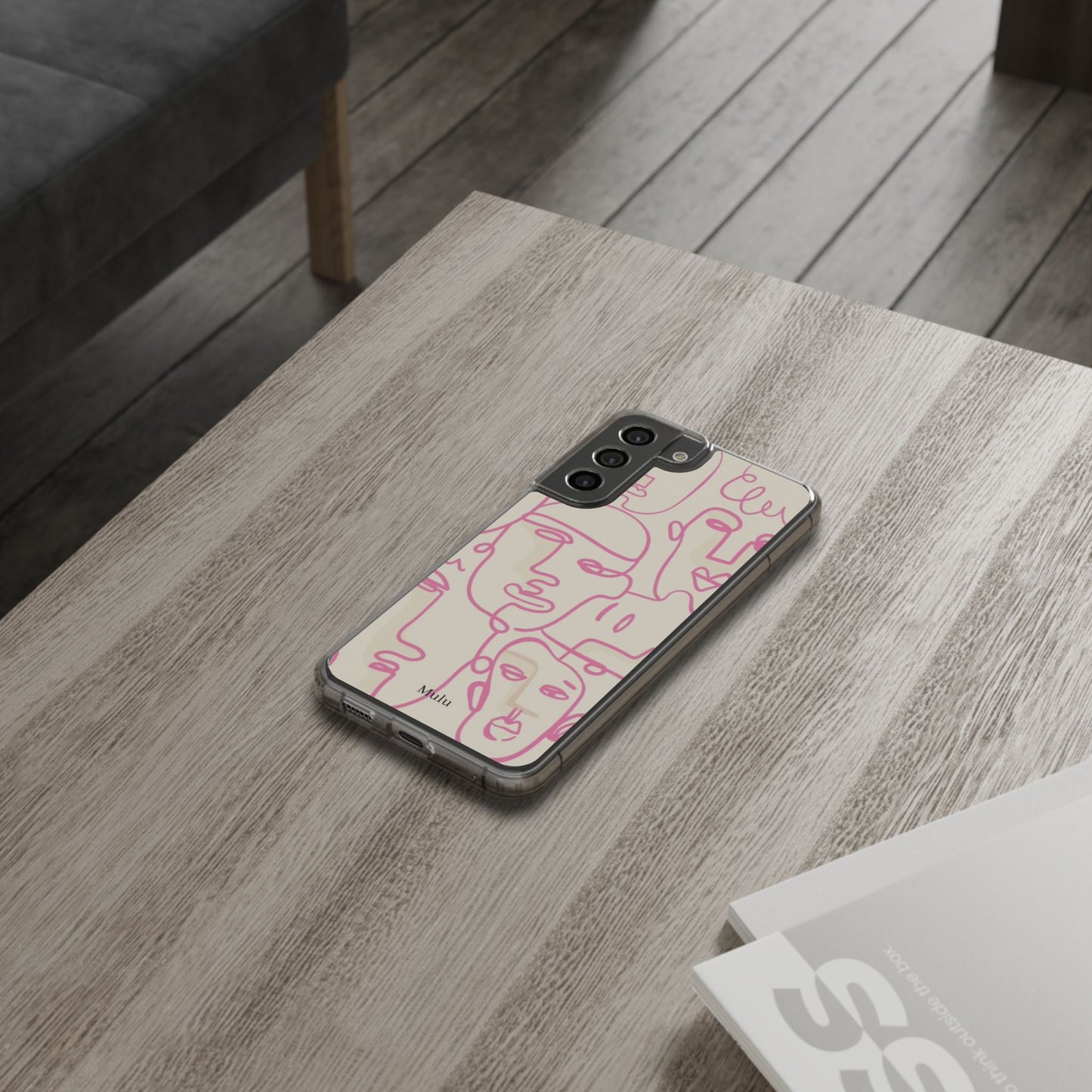 Clear Impact-Resistant Phone Case — Pink Minimalist Line Faces Design