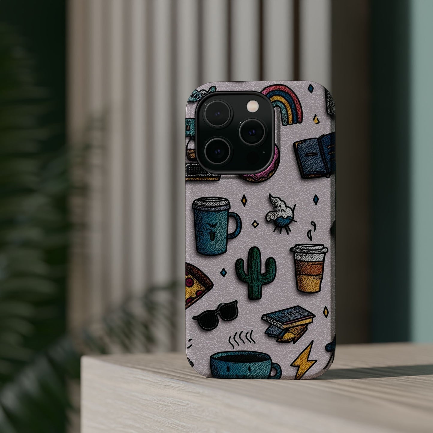 Cute Doodle Phone Case — Magnetic Impact-Resistant Design (coffee, rainbow, cactus)