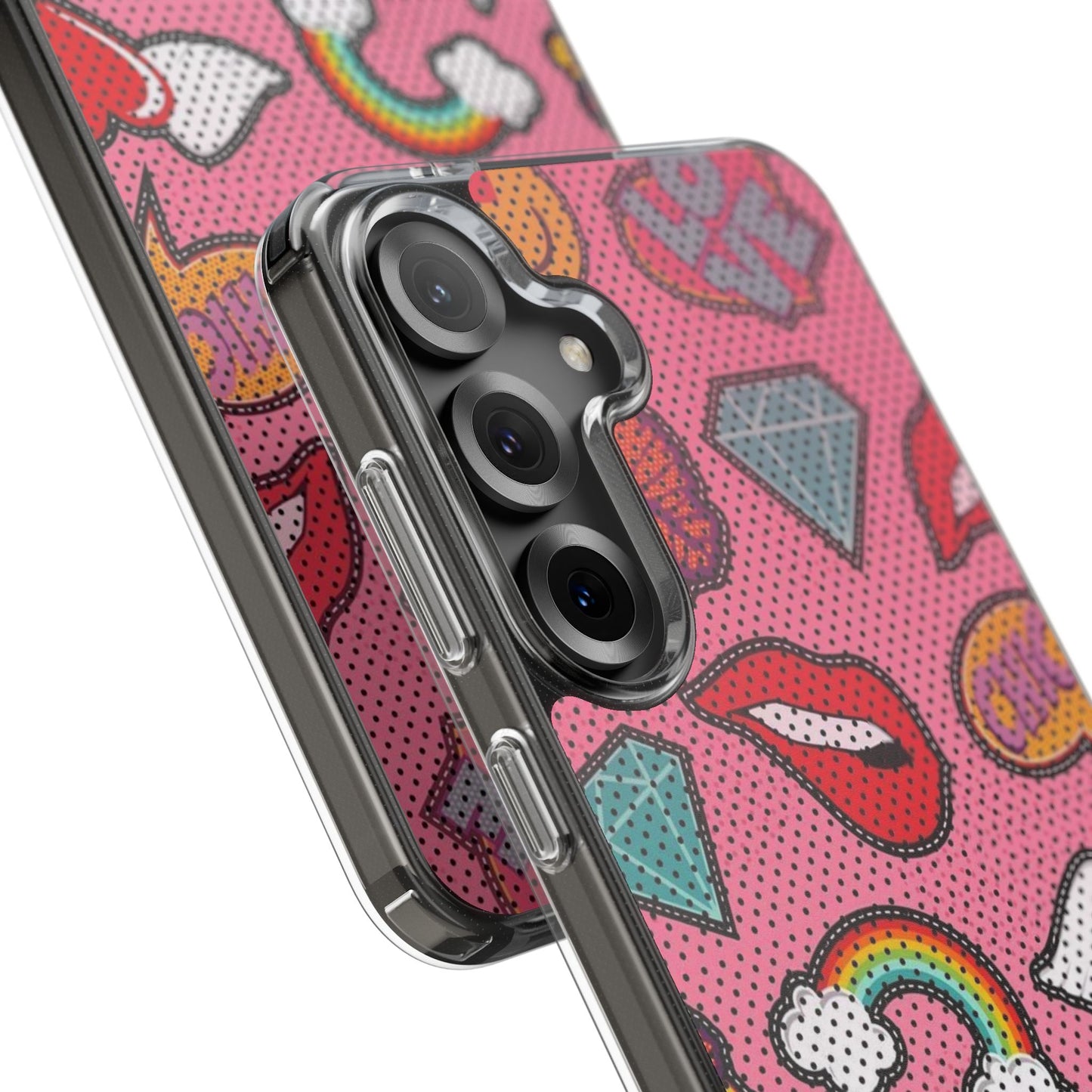 Clear Impact-Resistant Phone Case — Pink Pop Sticker Pattern (Hearts, Rainbows, Smileys)